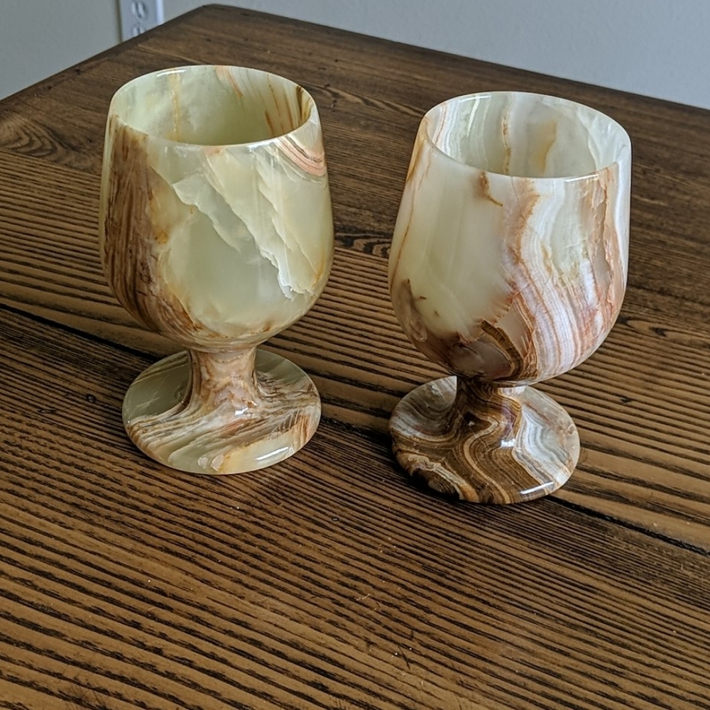 2 alabaster marble cup goblet candle holder vase